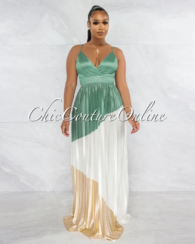 Yolana Sage Nude Block Color Pleated Satin Maxi Dress Fashionable Sleeveless Maxi Dress Yolana Sage Nude Block Color Pleated Satin Maxi Dress Fashionable Sleeveless Maxi Dress