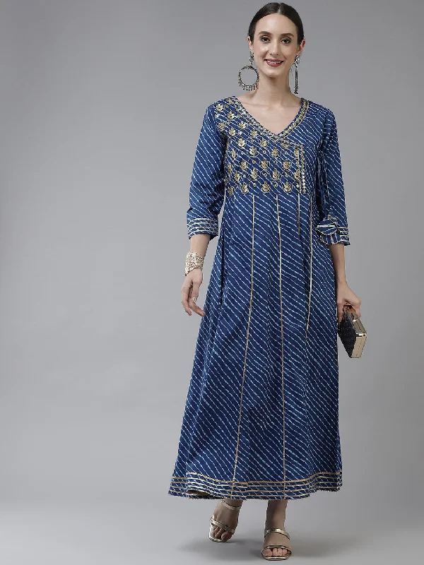 Blue Ethnic Motifs Maxi Dress Comfortable Long-Sleeve Maxi Dress