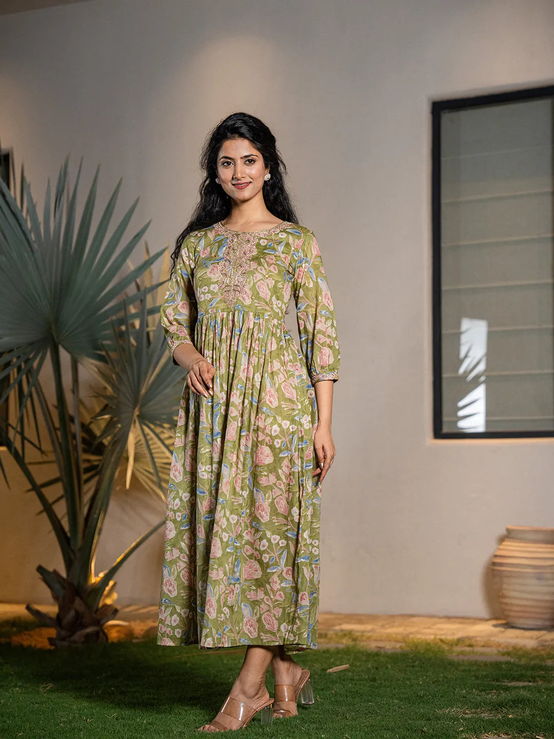 Green Pure Cotton Dori Embroidery Maxi Dress Elegant Pleated Maxi Dress