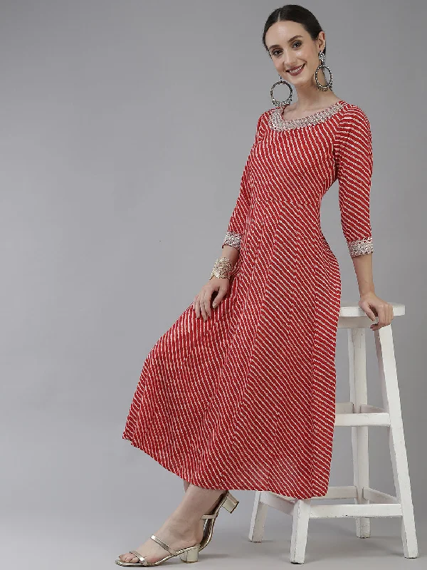 Red Ethnic A-Line Maxi Dress Elegant Silk Maxi Dress