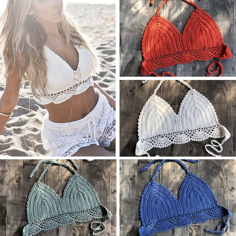 2019 New Bikini Top Handmade Crochet Women Boho Beach Bralette Solid Halter Knitted Swimsuit Brazilian Bikinis Bathing Suit Top Tie-Back Swimwear