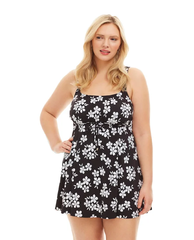 Always For Me by Fit 4U Black and White Moonflower Plus Size Swimdress Sporty Racerback Swimsuit