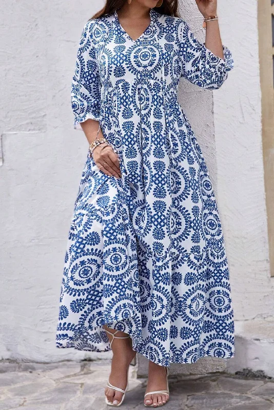 Blue Zone Planet |  Sky Blue Geometric Print Lace-up Notch Neck Plus Size Maxi Dress Elegant Sleeveless Maxi Dress