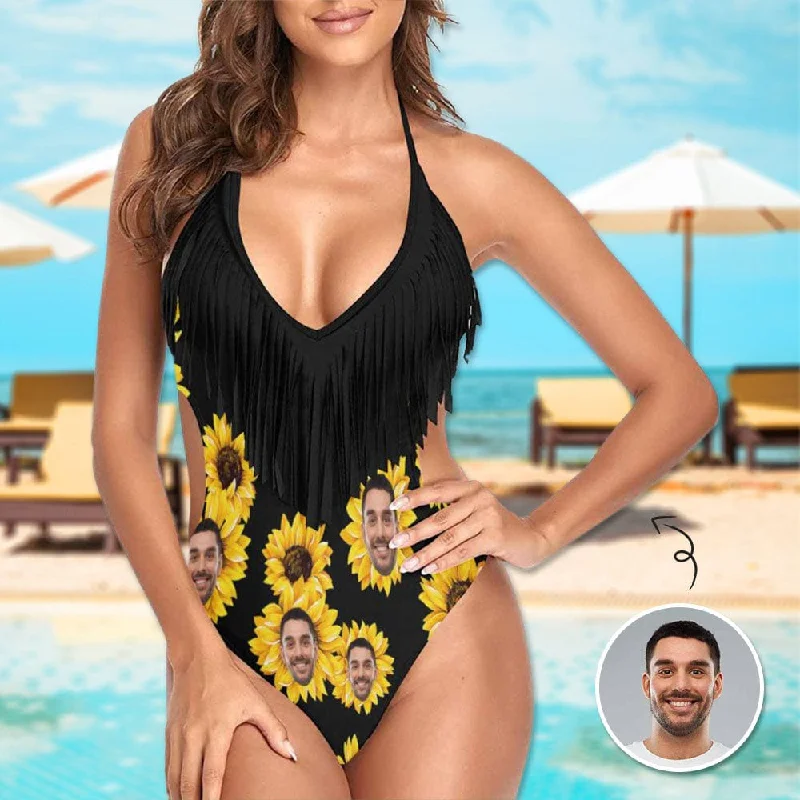 Custom Face Sunflower Black One Piece Fringe Swimsuit Personalized Women's Bathing Suit High-Cut One-Piece