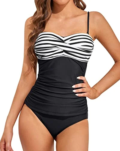 Fashionable Bandeau Tankini Sets For Beach Vacations-Black And White Stripe Classic Swimsuit Design