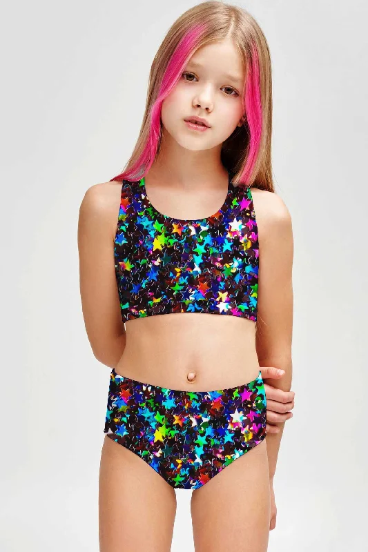 Fireworks Claire Glitter Two-Piece Swimsuit Sporty Swim Set - Girls Modern High-Waisted Swimsuit