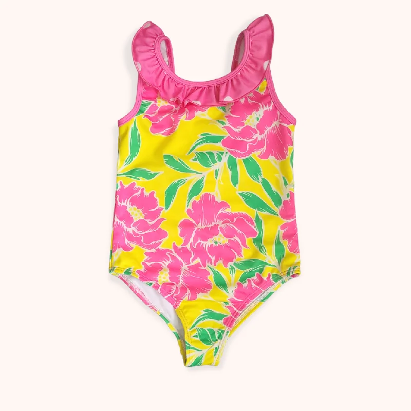 Girls 1-Pc. Ruffle Trim Swimsuit, Pink Peonies Shiny One-Piece Swimsuit