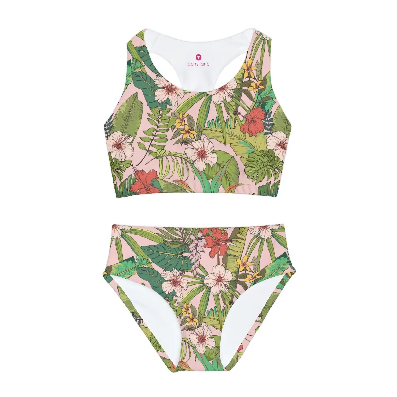 Girls Two Piece Surf Active Swimsuit, Vintage Tropical Floral Plunge Neckline Swimsuit