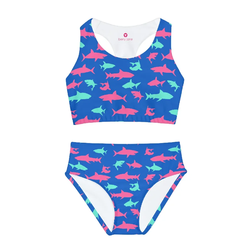 Girls Two Piece Swimsuit, Electric Blue Sharks Deep-V Swimsuit Design