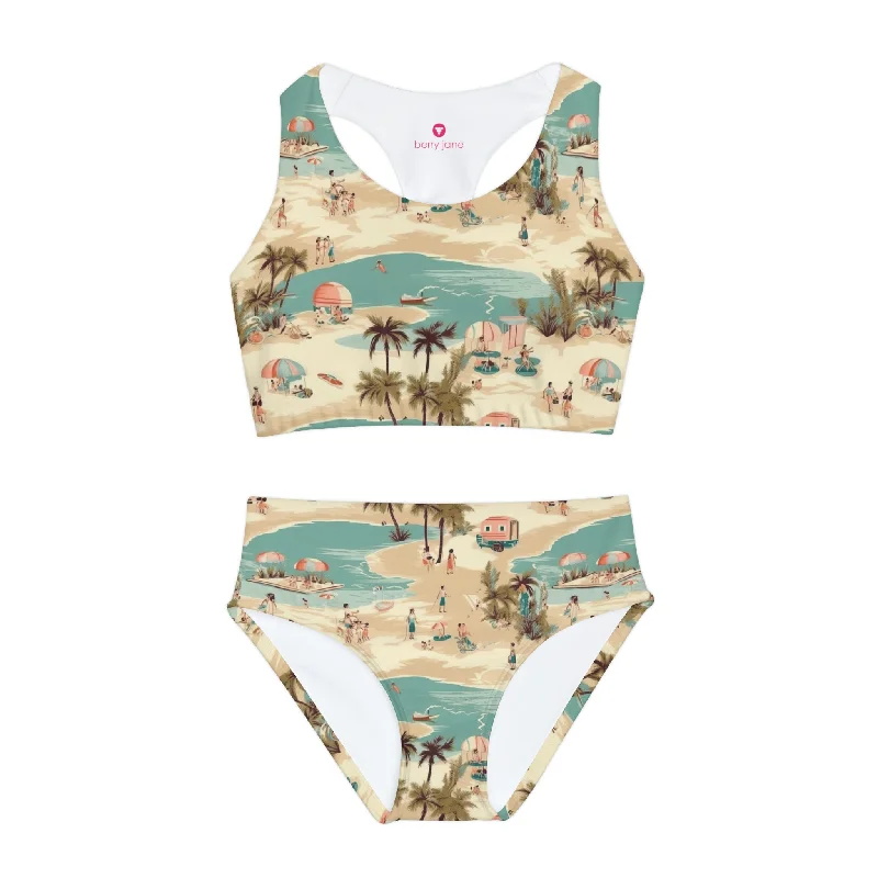 Girls Two Piece Swimsuit - Vintage 50s Retro Beach Push-Up Swimsuit Top