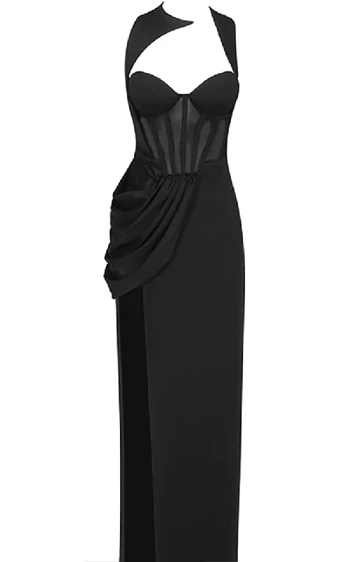 Give Me More <br><span>Black Sleeveless Sheer Mesh Bustier Sweetheart Neck Draped Hip Side Slit Maxi Dress</span> Cozy Maxi Dress with Slit