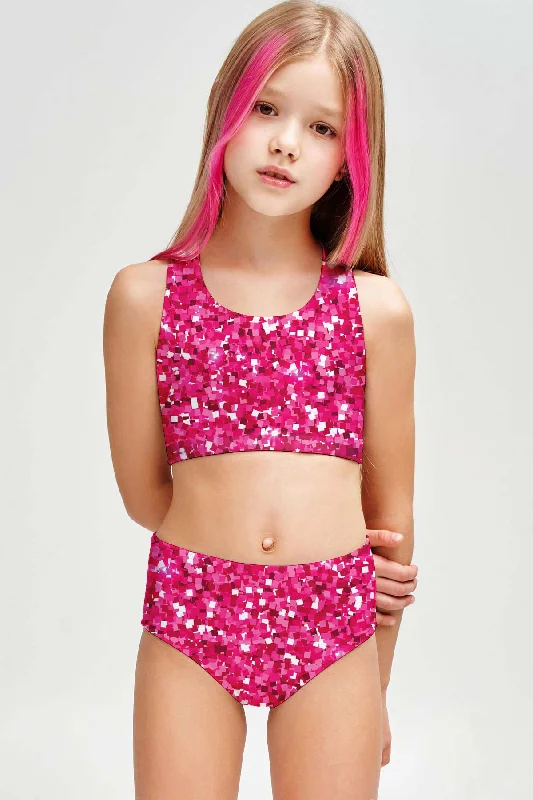 Glam Doll Claire Pink Two-Piece Swimsuit Sporty Swimwear Set - Girls Ruched Swimwear Set