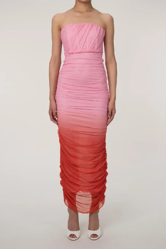 Gradient Strapless Mesh Ruched Bodycon Corset Evening Maxi Dress - Pink Comfortable Pleated Maxi Dress