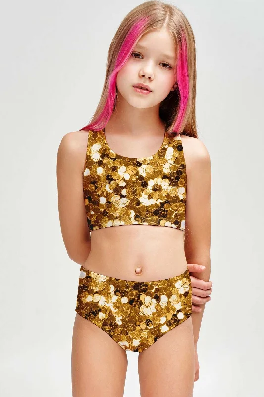 Haute Gold Claire Glitter Two-Piece Swimsuit Sporty Swim Set - Girls Strappy Back Bikini