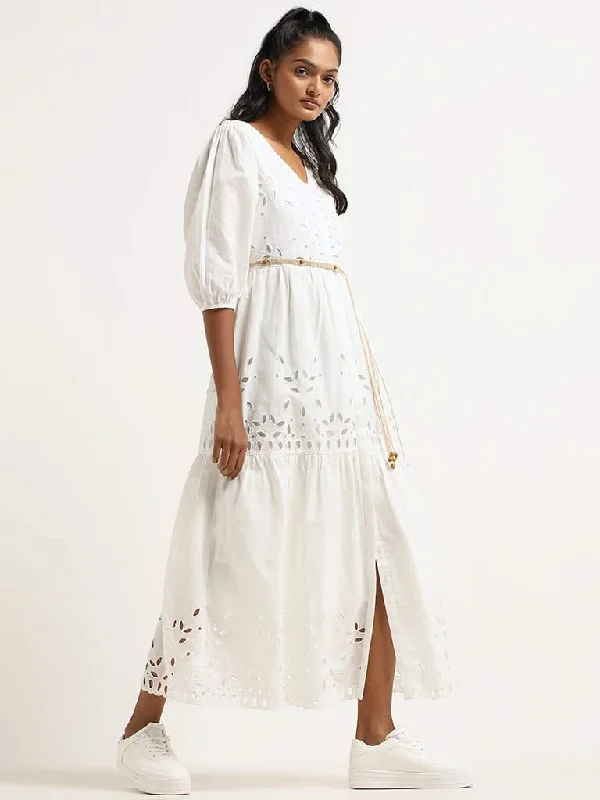 LOV White Cotton Schiffli Maxi Dress Trendy Floral Print Maxi Dress