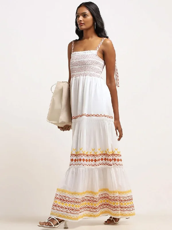 LOV White Embroidered Cotton Tiered Maxi Dress Stylish A-Line Maxi Dress