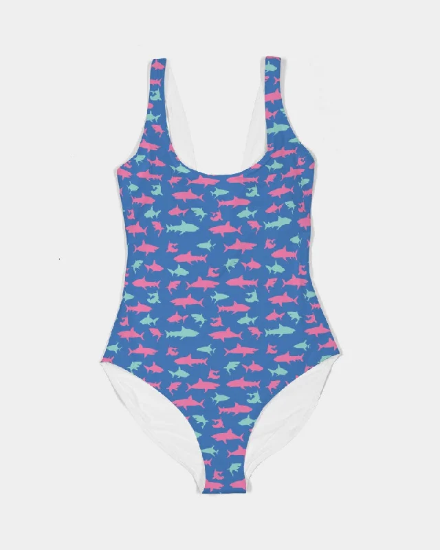 Women's One-Piece Swimsuit, Blue Sharks Print Swim Dress with Belt