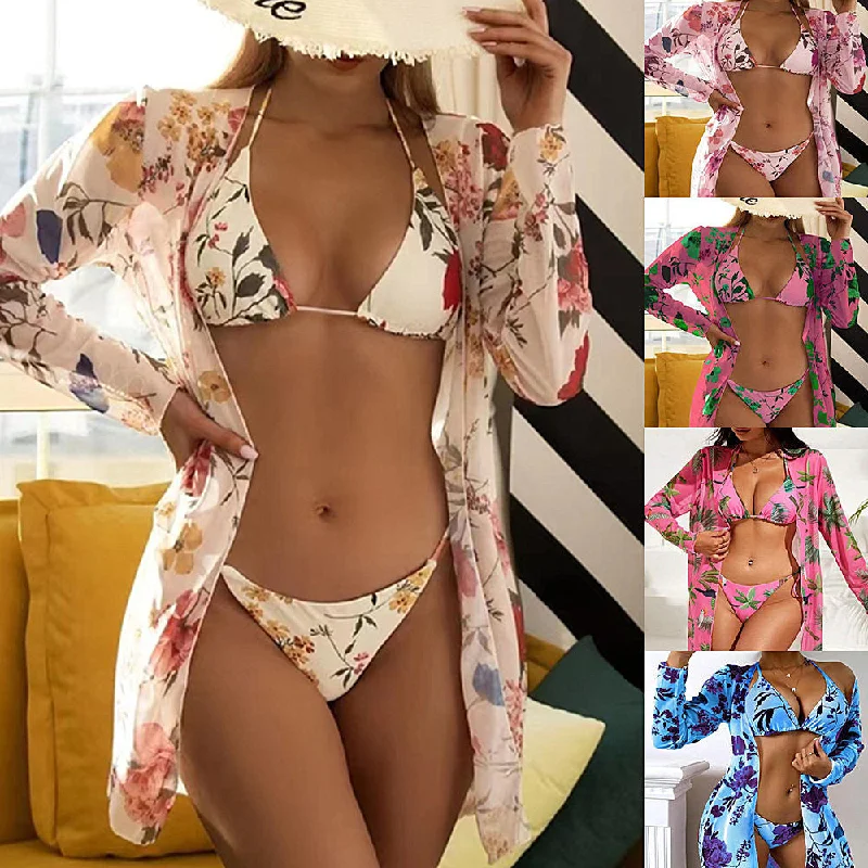 New Swimsuit Women's Printed Mesh Three-piece Blouse Deep-V Swimsuit Design