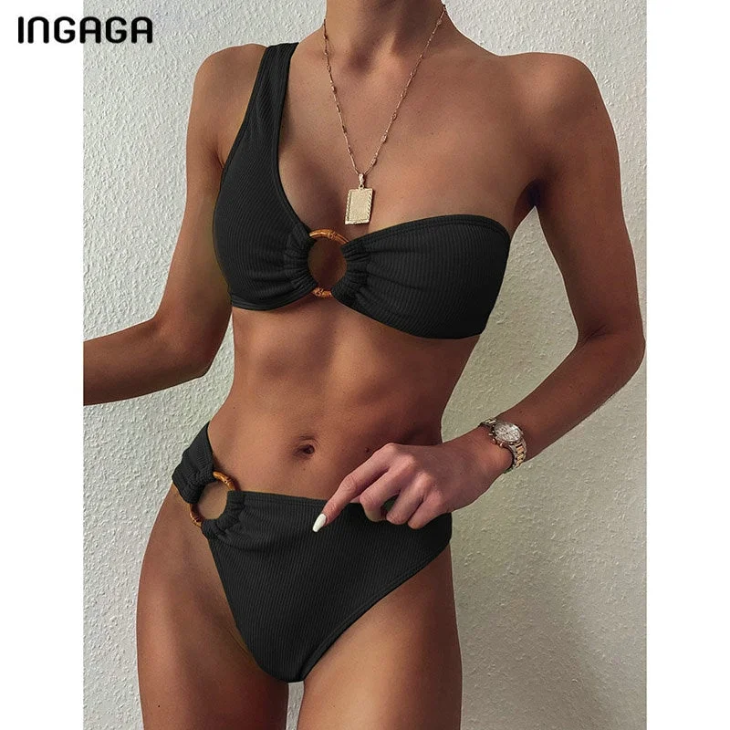 One Shoulder Bikinis Swimsuits High Waist Swimwear Women 2020 Black Bathing Suits Ring Beachwear Halter Top Bikini