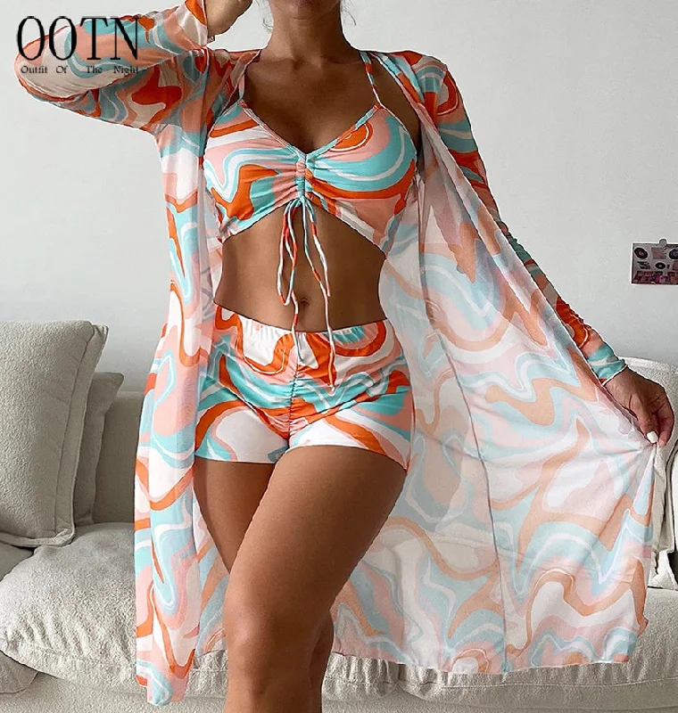 OOTN 2023 Summer Push Up Beach Bathing Suit Tropical High Waist Bikini three piece swim set Sexy Long Sleeve Cover Up Swimsuit Button-Front Swimsuit