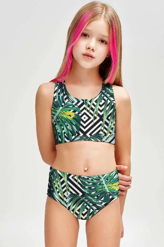 Palm Beach Claire Green Two-Piece Swimsuit Sporty Swimwear Set - Girls Solid Color Swimsuit