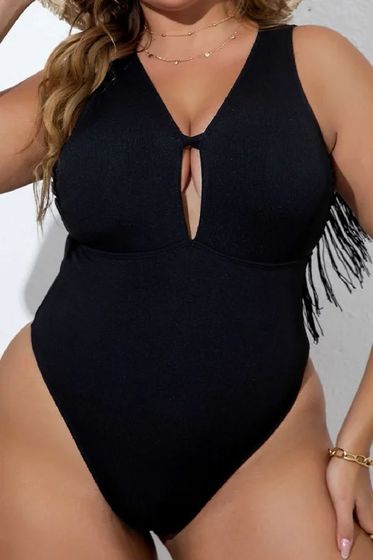 Plus Size Fringe Trim Open Back One-Piece Swimsuit Sleek Mesh Bikini