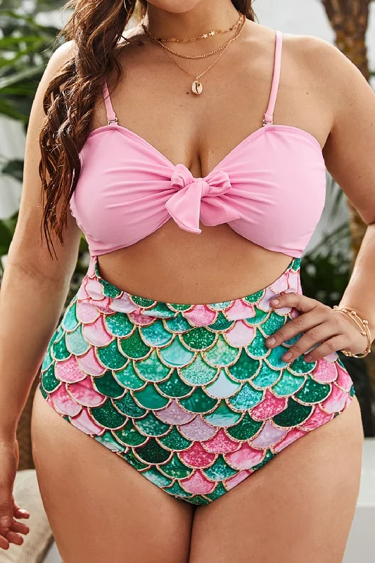 Plus Size Scale Print Cutout Spaghetti Strap One-Piece Swimsuit Trendy Swimsuit Bottoms