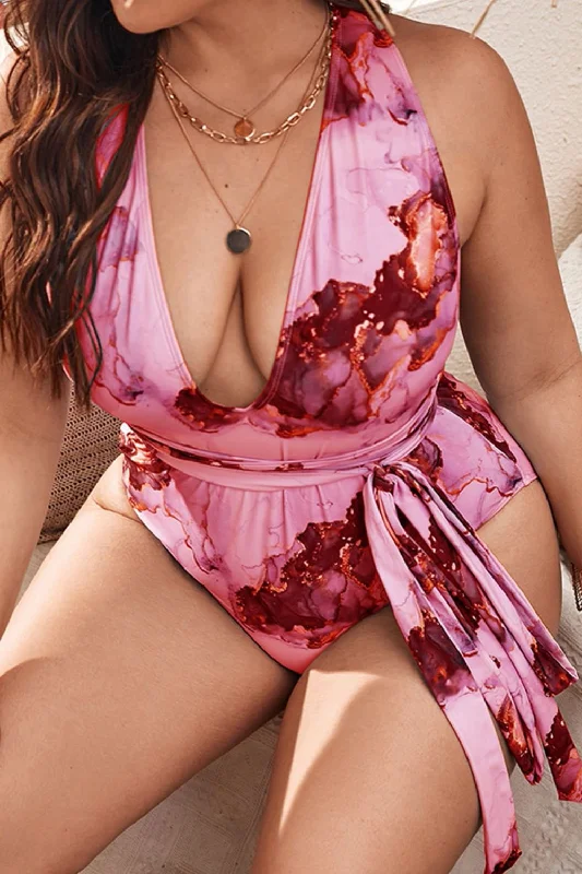 Plus Size Tie-Dye Crisscross Back Tie Waist One-Piece Swimsuit Mesh Panel Swimwear