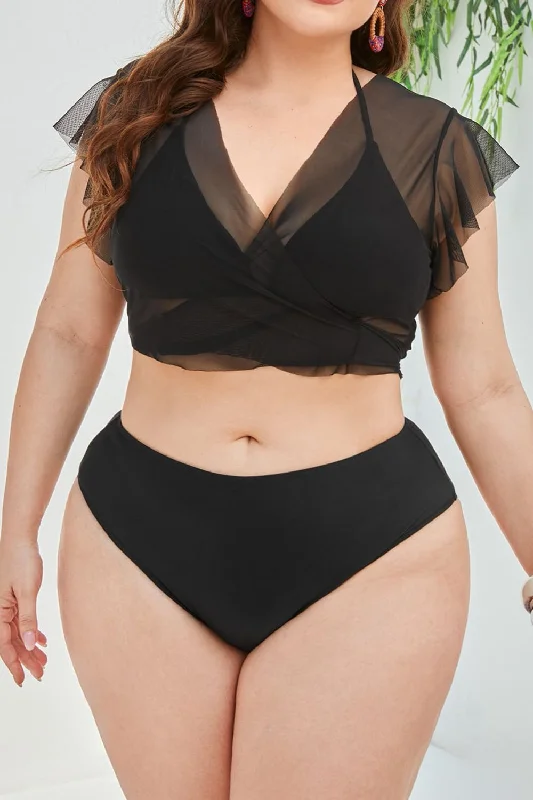 Plus Size Tied Flutter Sleeve Three-Piece Swimsuit Bold Color Swimsuit