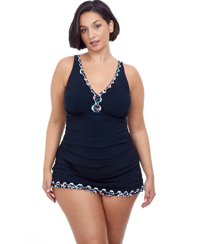 Profile By Gottex Gin Fizz Black Plus Size V-Neck Swimdress Elegant Swimsuit Bottoms