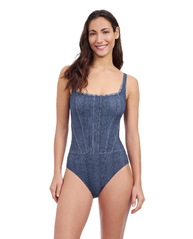 Profile By Gottex Isabelle Embroidered Square Neck One Piece Swimsuit High-Waisted Swimwear