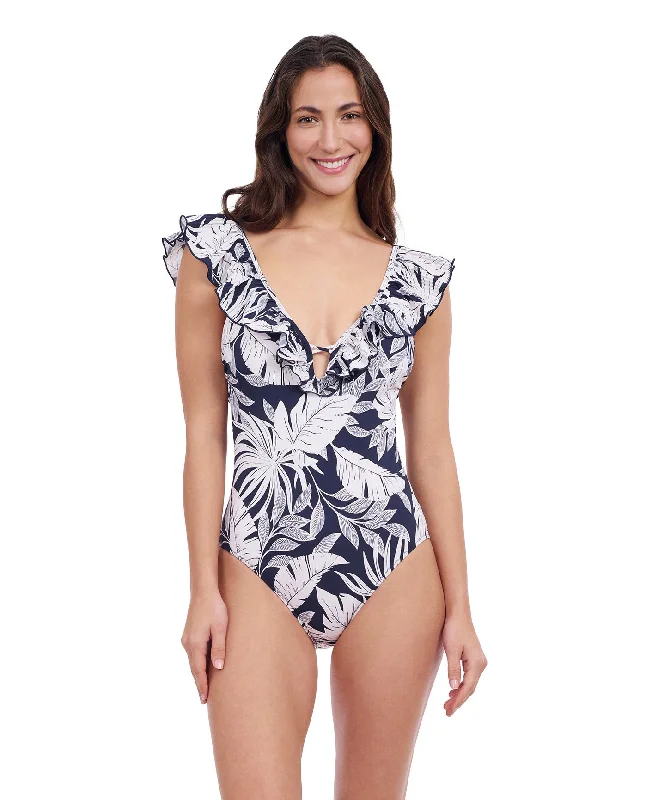 Profile By Gottex Malaya Ruffle V-Neck Deep Plunge One Piece Swimsuit Elegant Ruffled Bikini