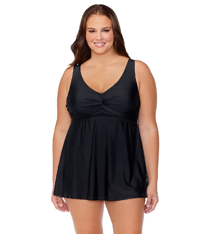 Raisins Women's Tranquilo Solid Lucia Plus Size Swim Dress Black V-Neck Swim Dress