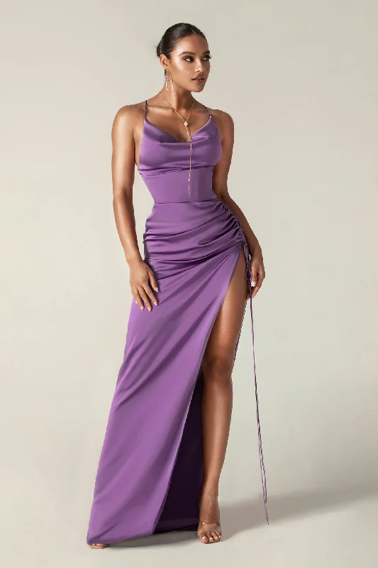 Reva Cowl Neckline Sheath Backless Maxi Dress (Purple) Casual Maxi Dress with Pockets