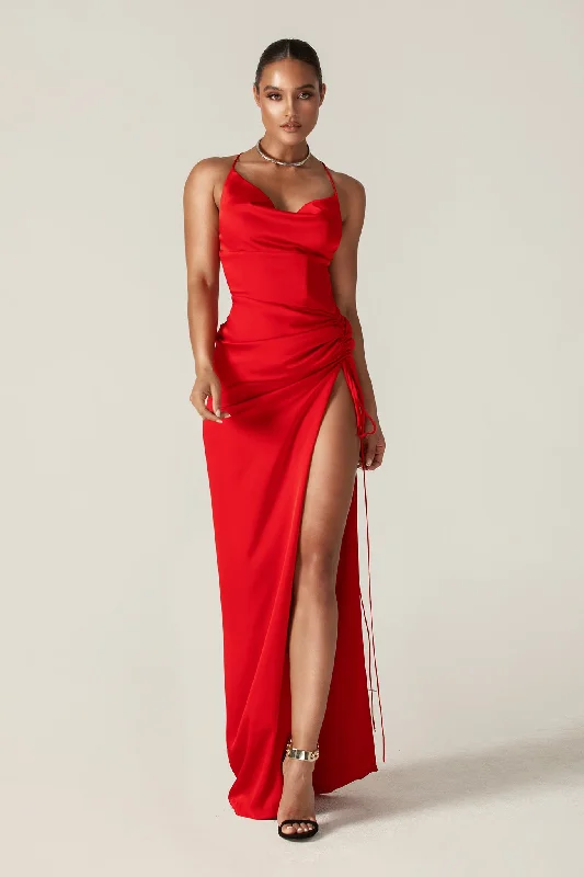 Reva Cowl Neckline Sheath Backless Maxi Dress (Red) Comfortable Pleated Maxi Dress