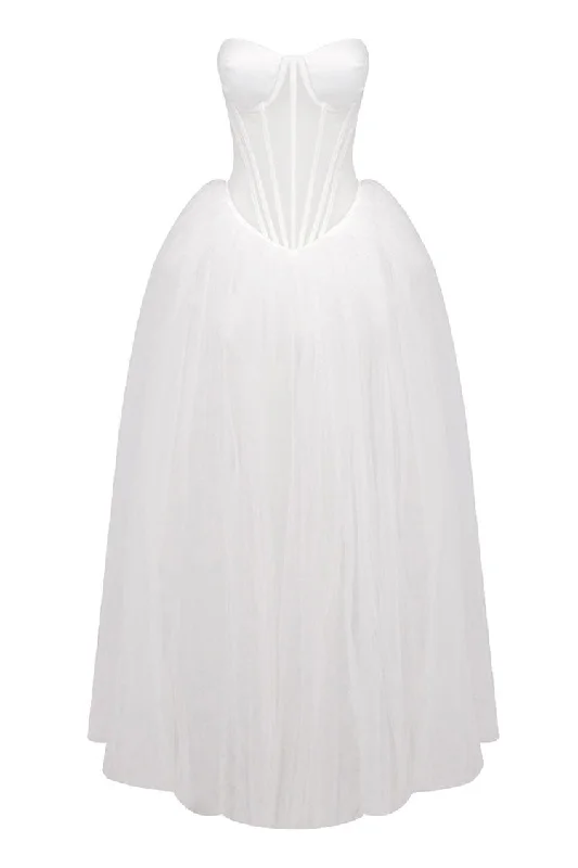 Sexy Sweetheart Neck Strapless Sheer Corset Drop Waist Tulle Maxi Dress Fashionable Chiffon Maxi Dress