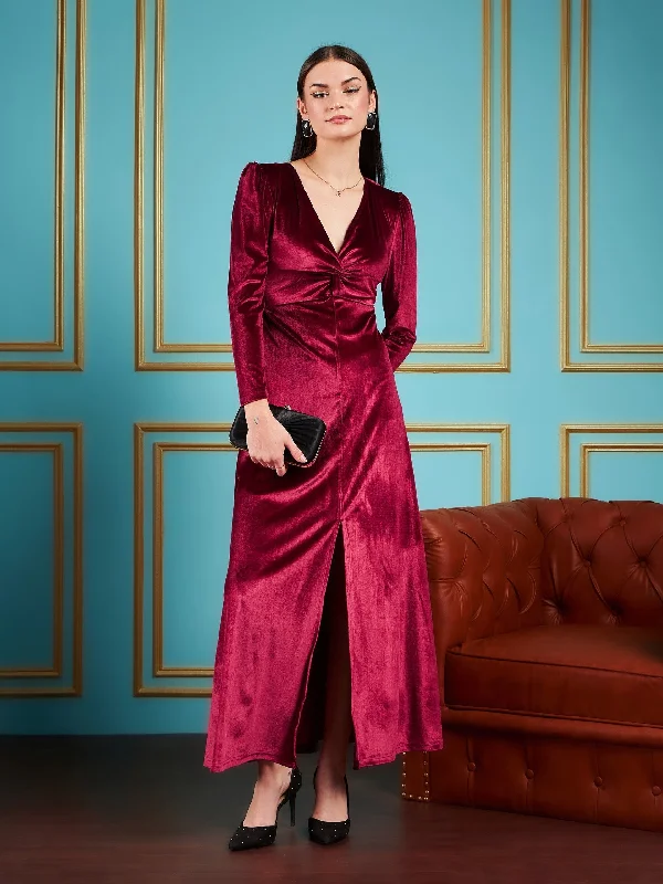 Women Maroon Velvet Front Twisted Maxi Dress Chic Boho Print Maxi Dress