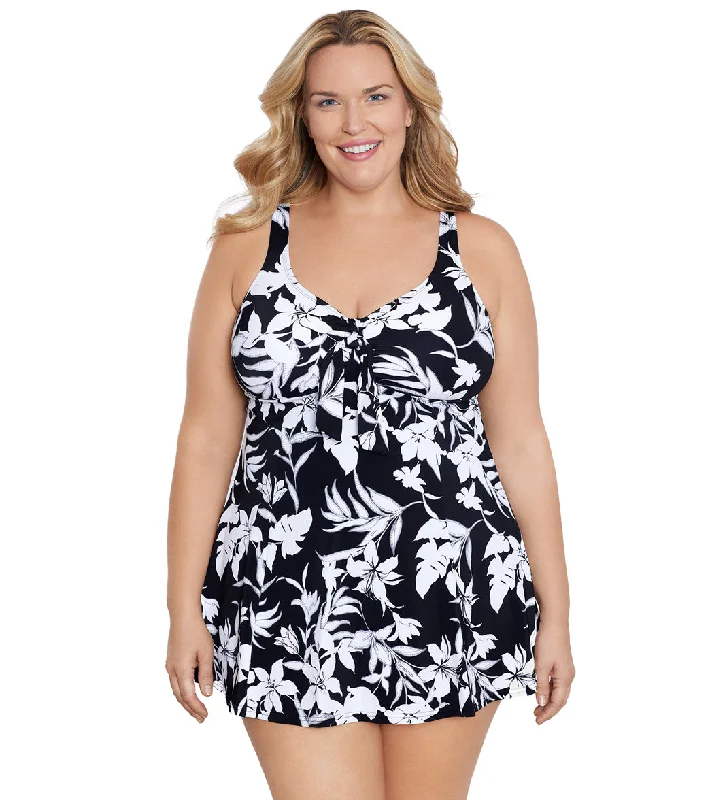 Shape Solver By Penbrooke Women's Plus  Night Shade Bow Front Swim Dress BlackWhite Deep-V Swimsuit Design