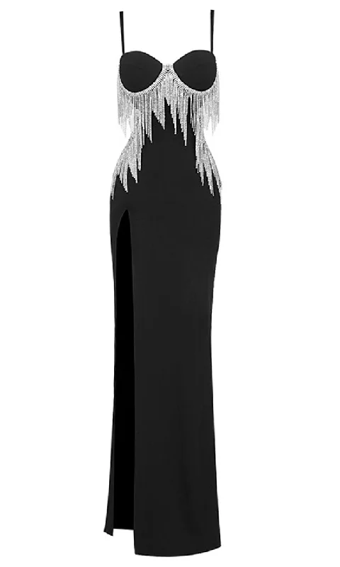 Shining Spotlight <br><span>Black Sleeveless Spaghetti Strap Bustier Cut Out Sides Open Back Rhinestone Fringe Bodycon Bandage High Slit Maxi Dress</span> Trendy A-Line Maxi Dress