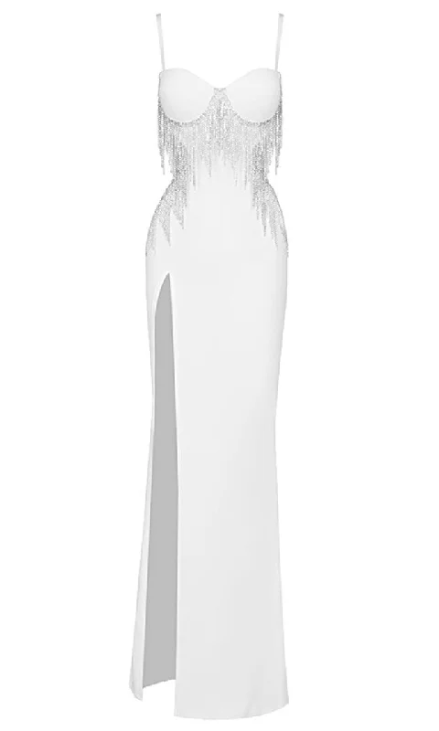 Shining Spotlight <br><span>White Sleeveless Spaghetti Strap Bustier Cut Out Sides Open Back Rhinestone Fringe Bodycon Bandage High Slit Maxi Dress</span> Comfortable Fitted Maxi Dress