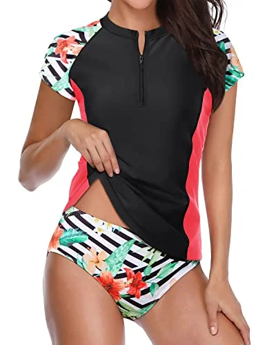 Short Sleeve Zipper Swimsuit Women's Two Piece Cap Sleeve Rash Guard Bathing Suit Comfortable Tankini Set