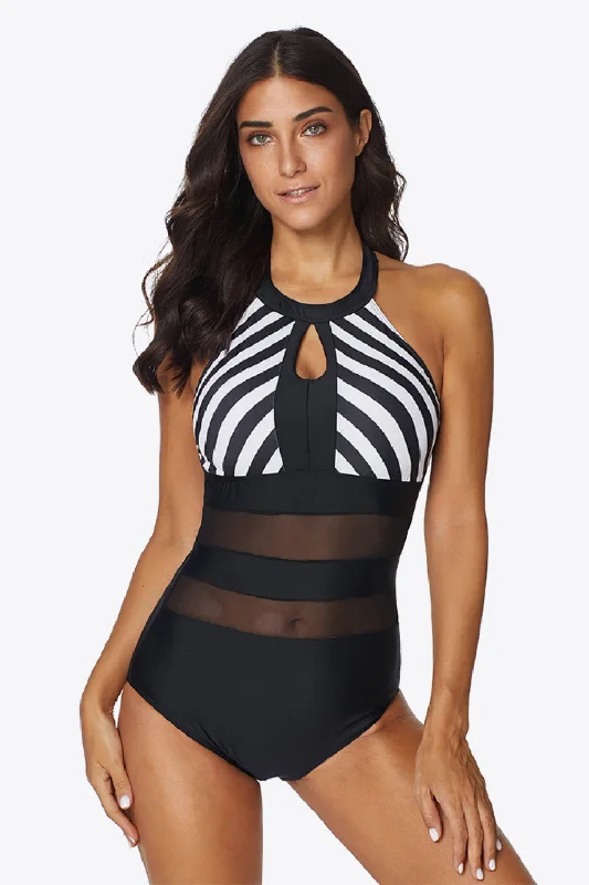 Striped Cutout Spliced Mesh Halter Neck One-Piece Swimsuit Bold Swimsuit Design