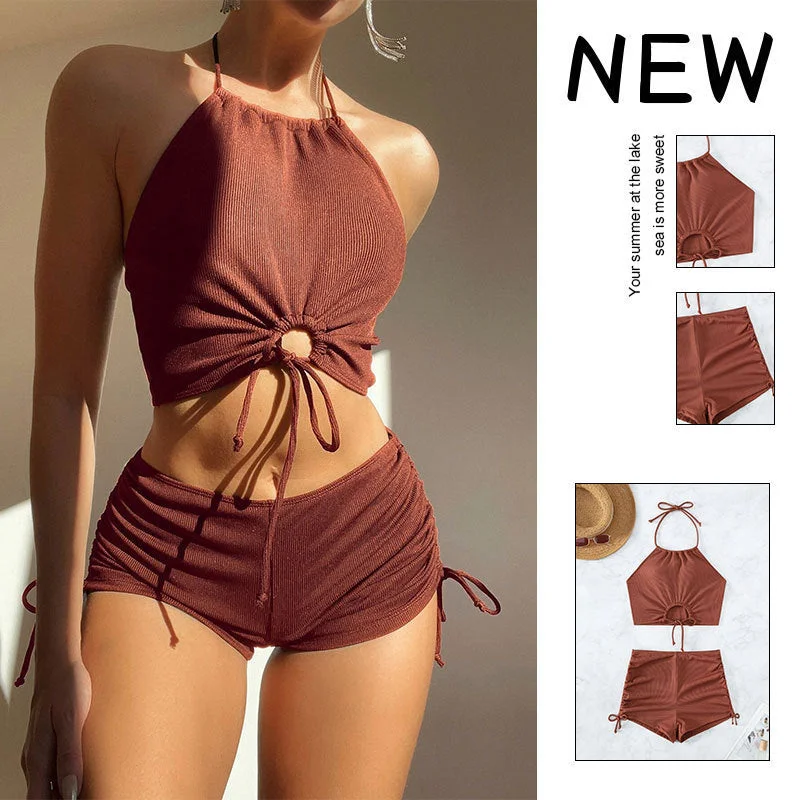 Summer Halter Neck Bikini Suit Fashion Drawstring Design Ins Style Swimsuit For Womens Clothing Cross-Back Bikini