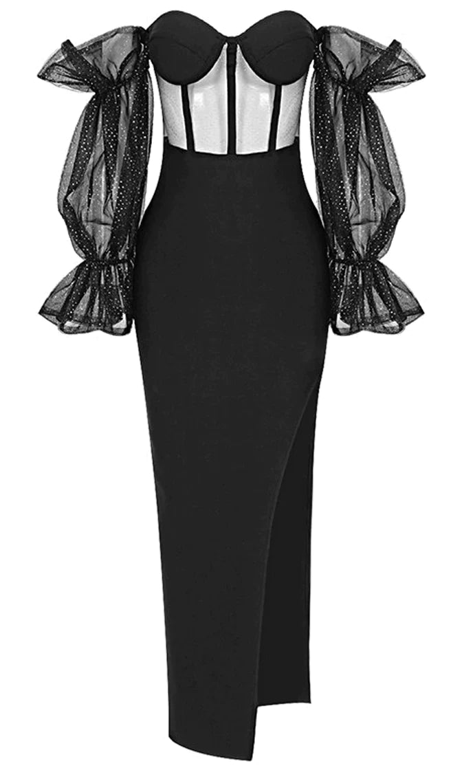 Touch Of Fantasy <br><span>Black Sheer Mesh Bandage Long Puff Sleeve Off The Shoulder Bustier Cut Out Side Slit Bodycon Maxi Dress</span> Fashionable Sheer Maxi Dress