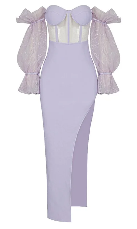 Touch Of Fantasy <br><span>Lavender Sheer Mesh Bandage Long Puff Sleeve Off The Shoulder Bustier Cut Out Side Slit Bodycon Maxi Dress</span> Comfortable Maxi Dress with Slits