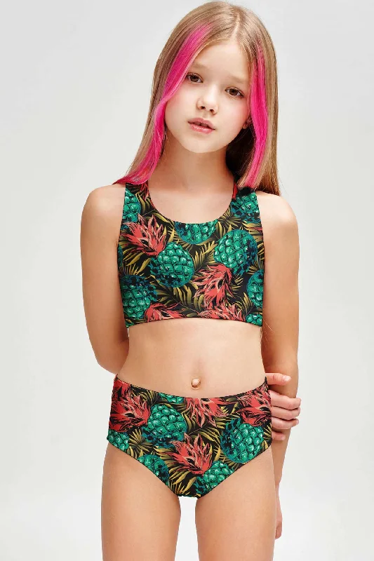 Tropicana Claire Pineapple Two-Piece Swimsuit Sporty Swim Set - Girls Crisscross Back Swimsuit