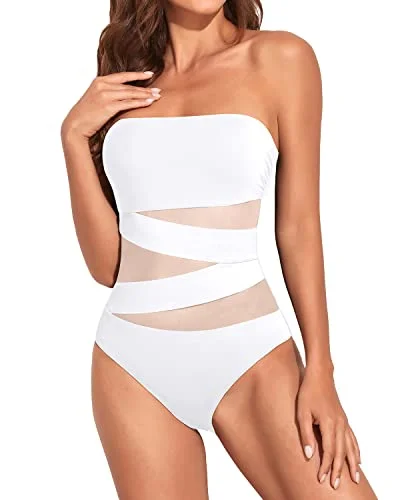 Ruched Women One Piece Bathing Suits Strapless Bandeau Swimwear-White High-Waist Bikini Set