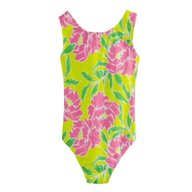 Tween Girls 1-Pc. Swimsuit, Pink Peonies Elegant Ruffle Swimsuit