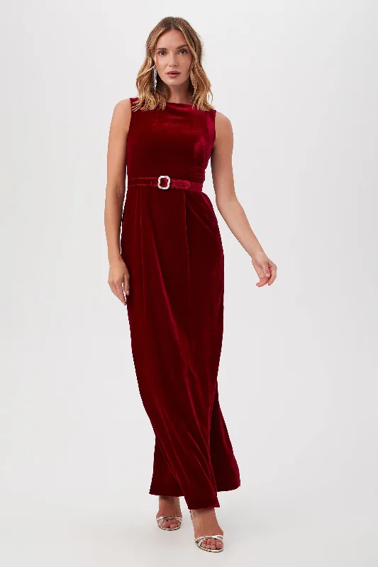 VEDDA VELVET BELTED SLEEVELESS MAXI DRESS Trendy Satin Maxi Dress