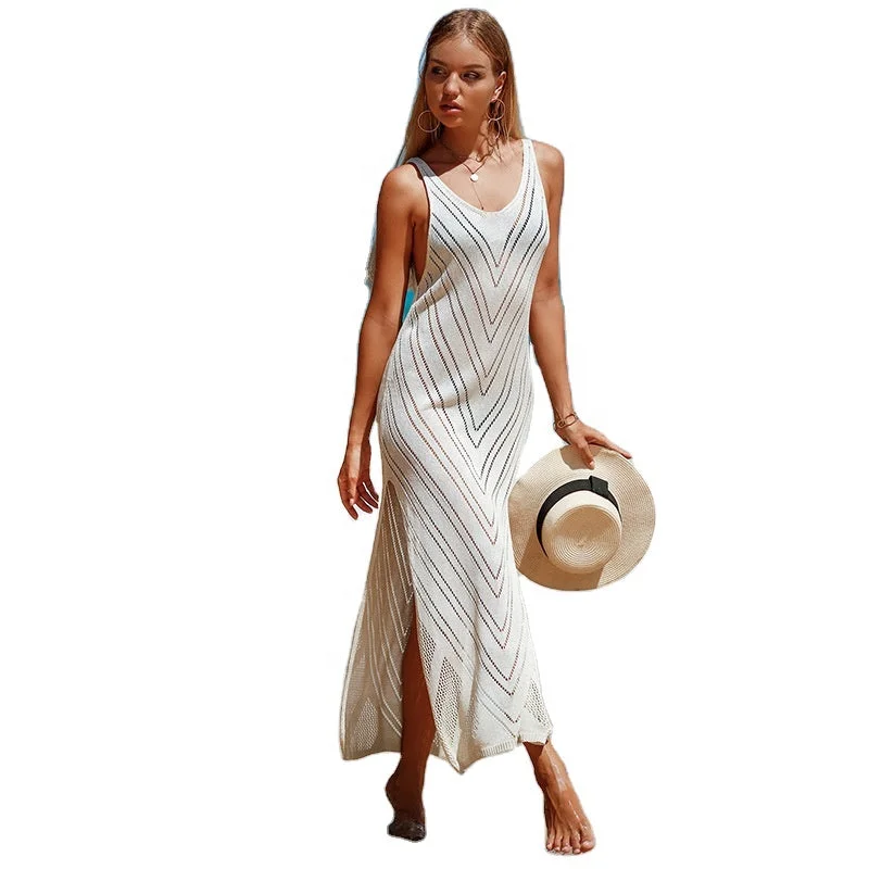 Wholesale Custom Sleeveless Knitted Long Dress Beachwear Swimsuit Bikini Cover up Crochet Dress Skirt Strappy Back Bikini